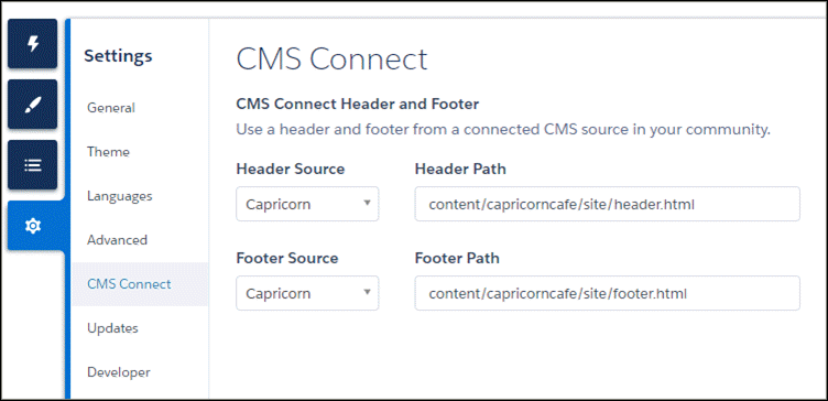 CMS Connect Header and Footer Settings