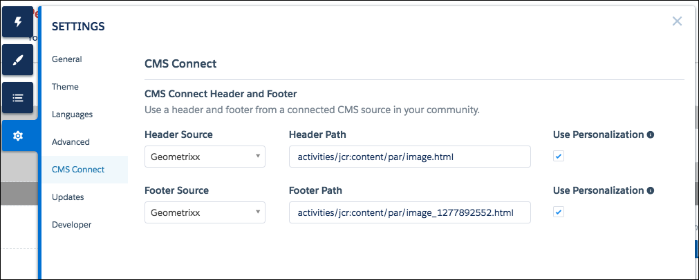 CMS Connect Builder Settings