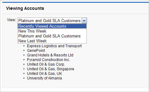 A Viewing Accounts page, with a View drop-down list, and the option All Accounts selected