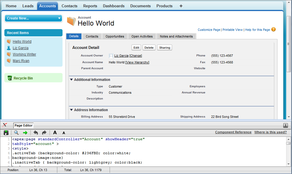 The Visualforce Page Editor, displaying an account detail page