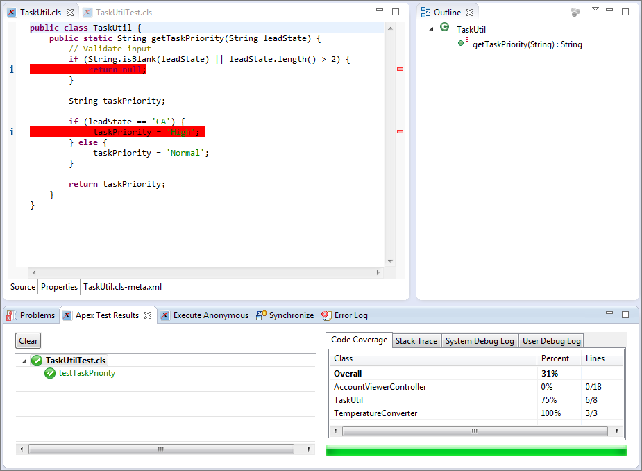 Code coverage highlighting for a class with 75% coverage