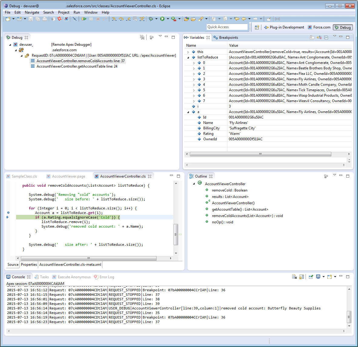 Debug perspective, showing that Flea LLC was skipped