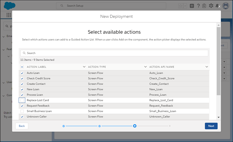 Select actions available for users to add at runtime.