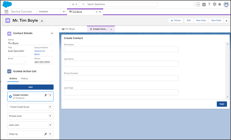 Screen shot of the Service Console set up with Lightning Flow for Service.
