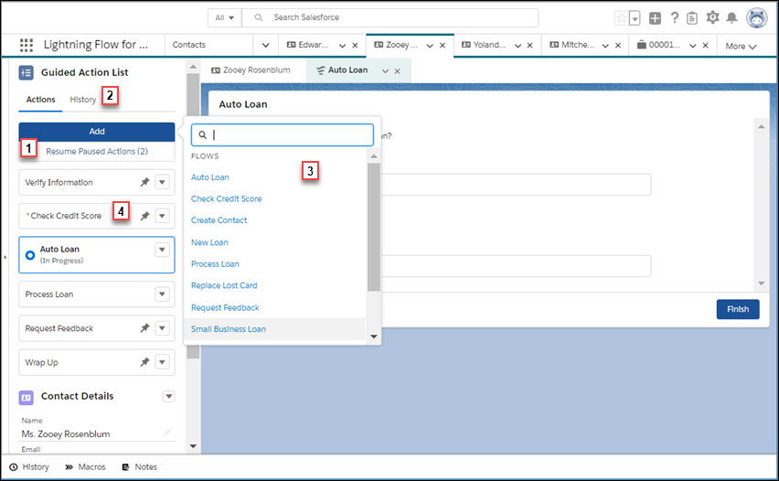 The Guided Action list component shows agents a list of flows, including paused flows, for the record.