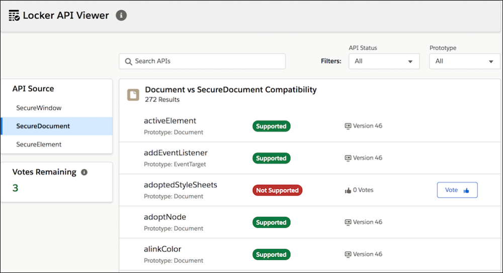 Locker API Viewer sample page showing APIs supported by SecureDocument