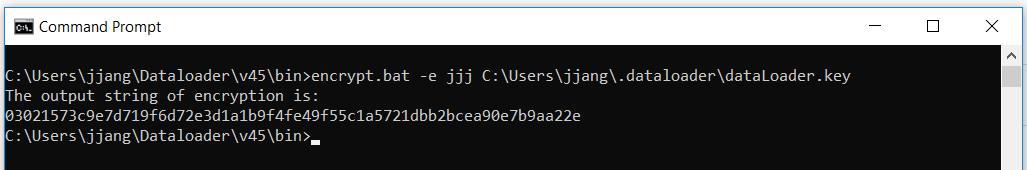 Command prompt window for creating an encrypted password.