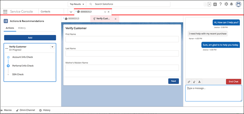 Screen shot of the Service Console set up with Lightning Flow for Service and Live Agent.