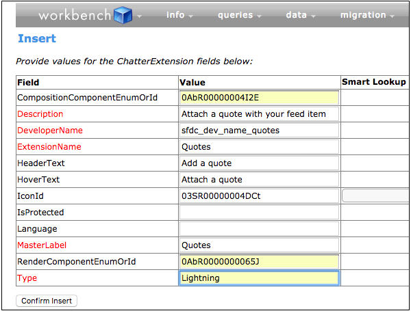 ChatterExtensions fields and values in Workbench