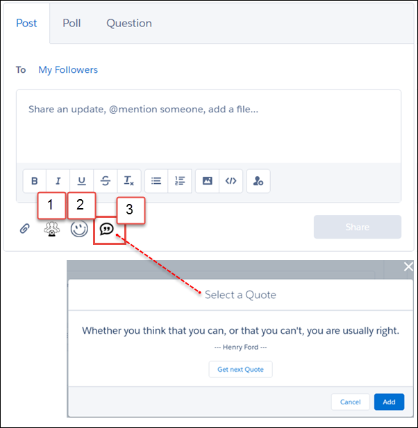 Three apps integrated into the Chatter publisher