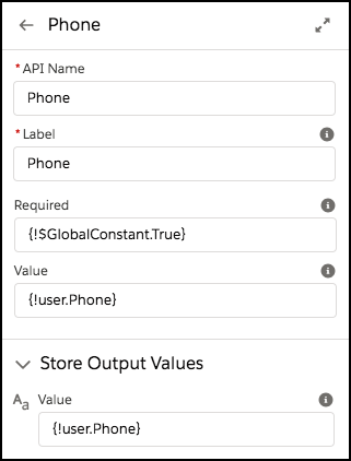 A Phone screen component that has Value set as an input and output.