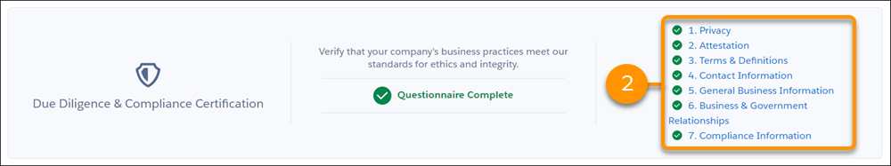 The Due Diligence and Compliance Questionnaire component with the questionnaire sections highlighted