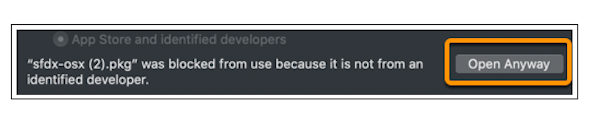 Click Open Anyway to install the CLI on Mac OS Catalina.