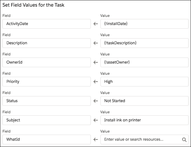 Setting the task's fields with variables and flow resources