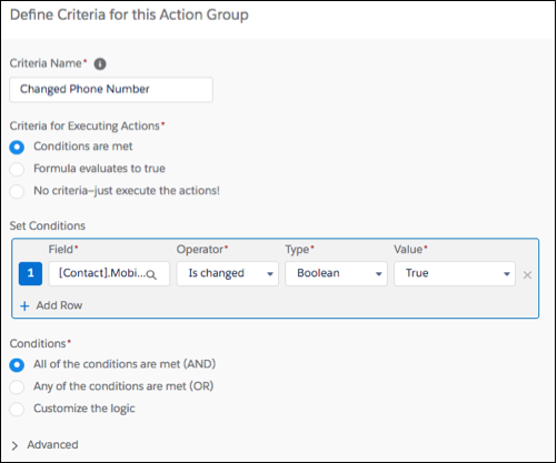 Screen shot of the criteria window with specified changes.