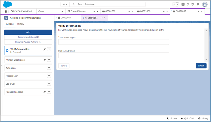 Screen shot of the Service Console set up with Lightning Flow for Service.