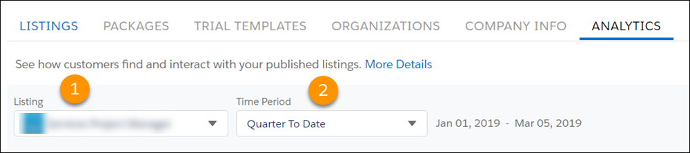 The AppExchange Analytics dashboard global filter menu with highlights on the Listing and Time Period dropdown menus