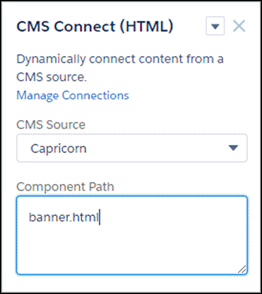 Enter the path to content for the CMS Connect HTML component.