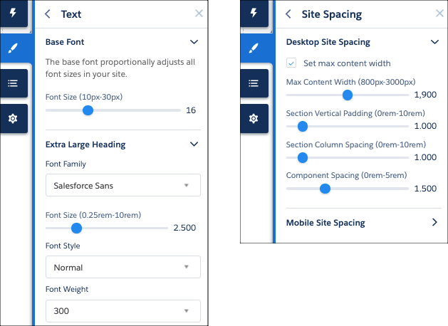 Text and Site Spacing menu