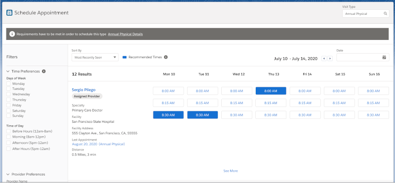 User view of appointment booking component