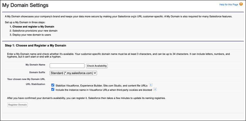 My Domain Settings screen with Step 1 displayed