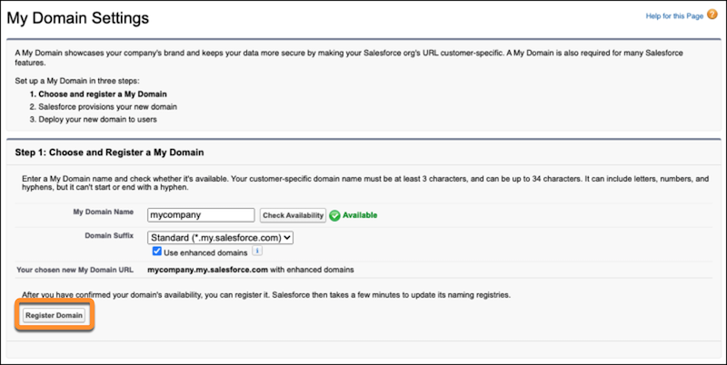 My Domain Settings page with Register Domain button available