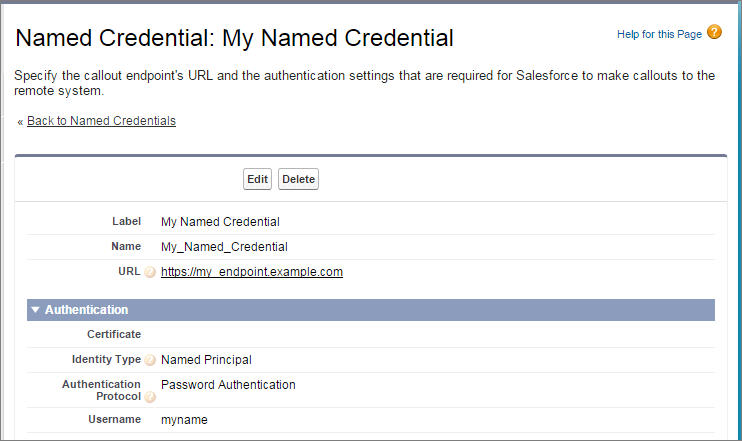 Named credential detail page