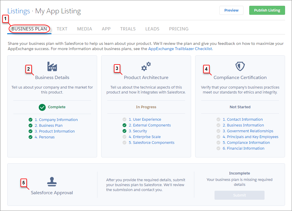 A view of the Business Plan tab in the AppExchange publishing console
