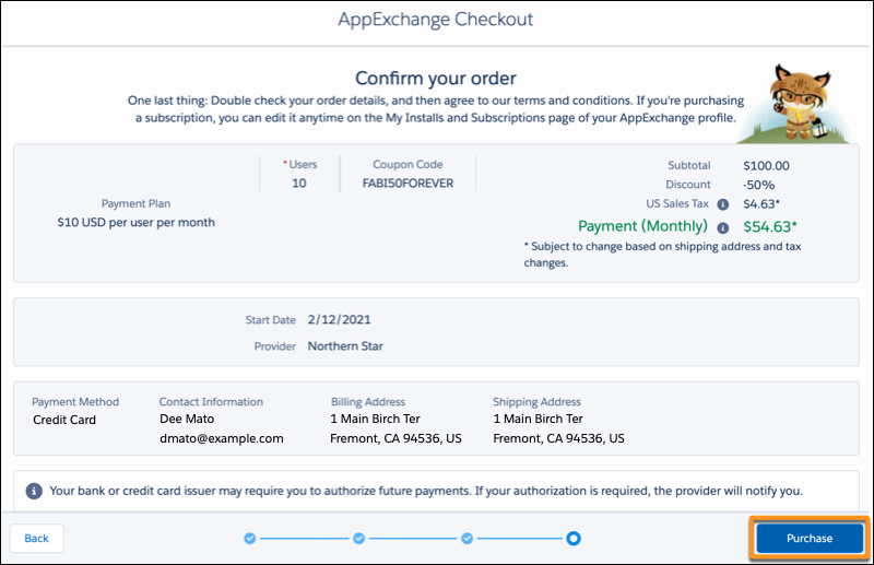 The confirmation step of the Checkout wizard with an orange circle around the Purchase button