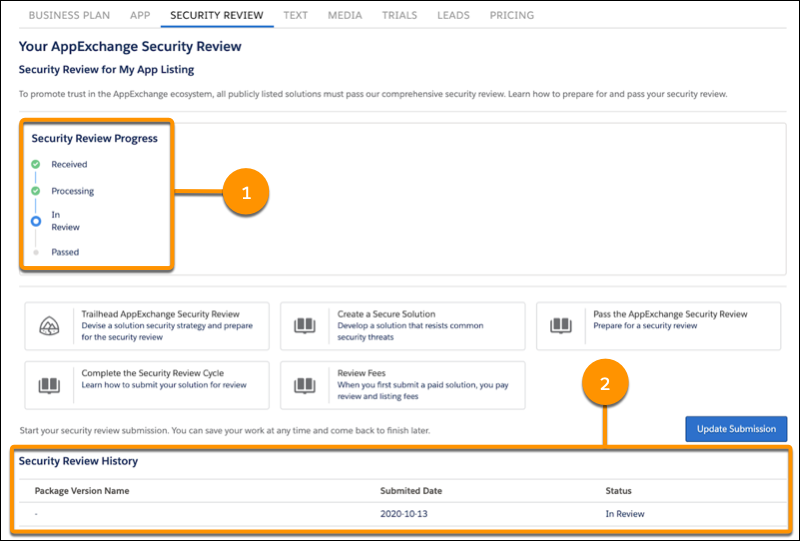 The Security Review tab in the Publishing Console is home to the Security Review Progress and History components.
