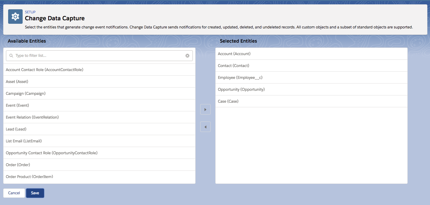 Change Data Capture page with a list of available entities to enable
