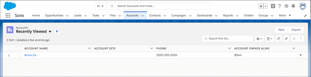 Recently Viewed Accounts list view.