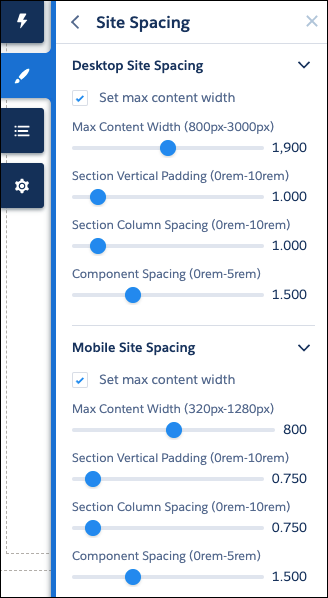 Site Spacing tab in the Theme panel