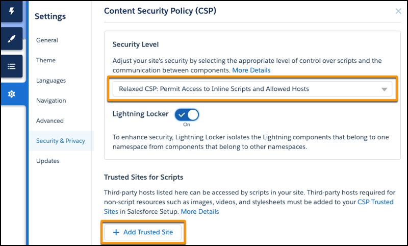Security & Privacy page in Experience Builder settings