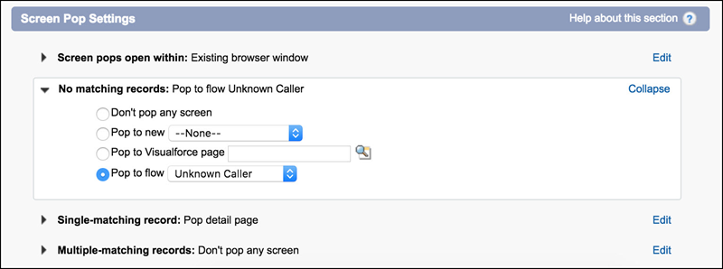 Screen shot of the Screen Pop Settings page.