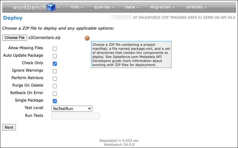 S3 data connector metadata deployment via workbench choose package file