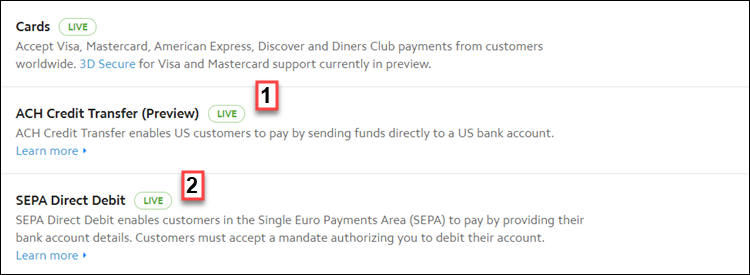 A view of the Payment Settings page in the Stripe dashboard with callouts around ACH and SEPA payment methods.