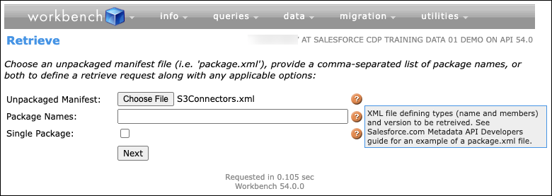 S3 connector metadata Unpackage XMl file retrieval via workbench