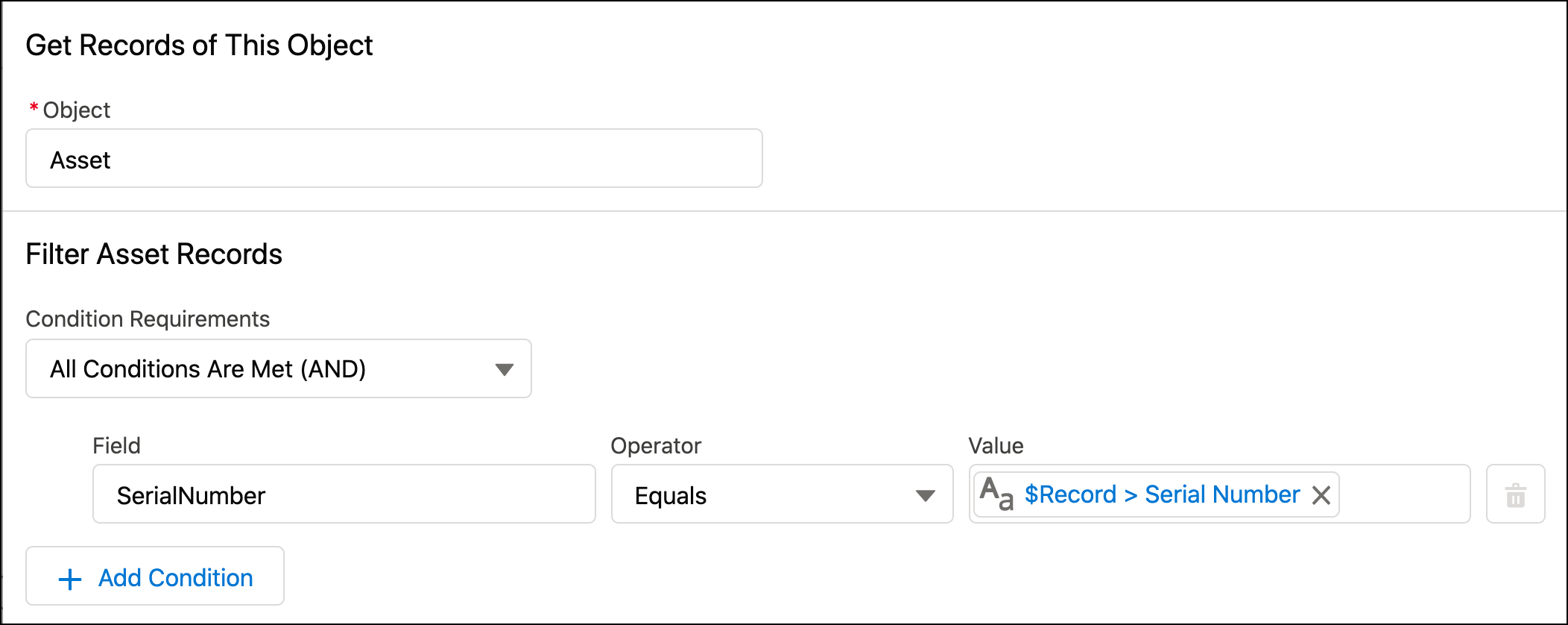 The Get Records element finds the asset