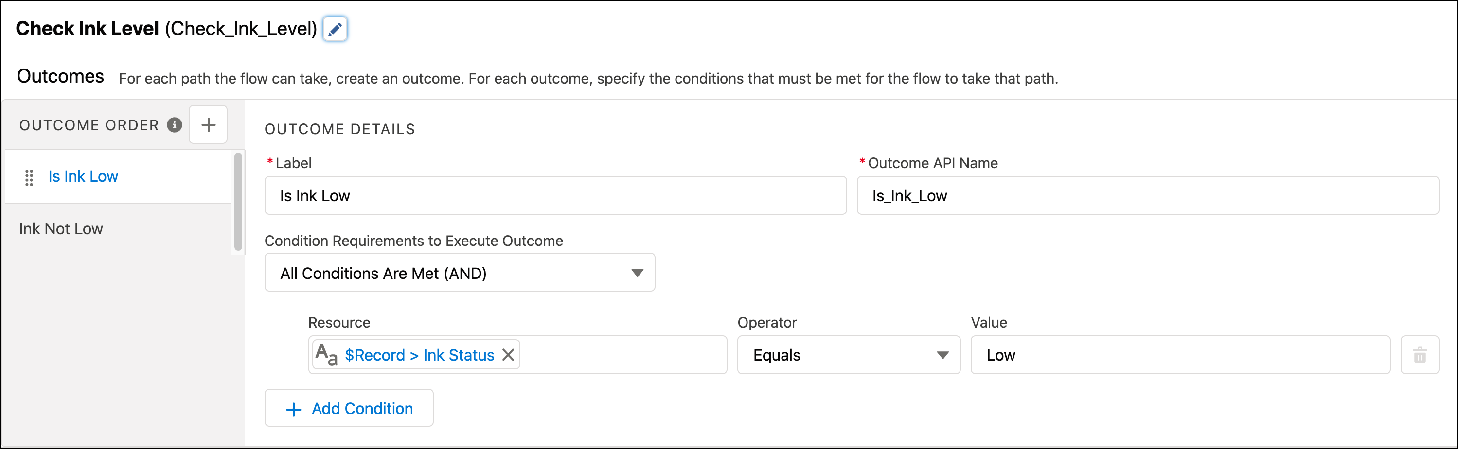 Decision element that checks the ink level