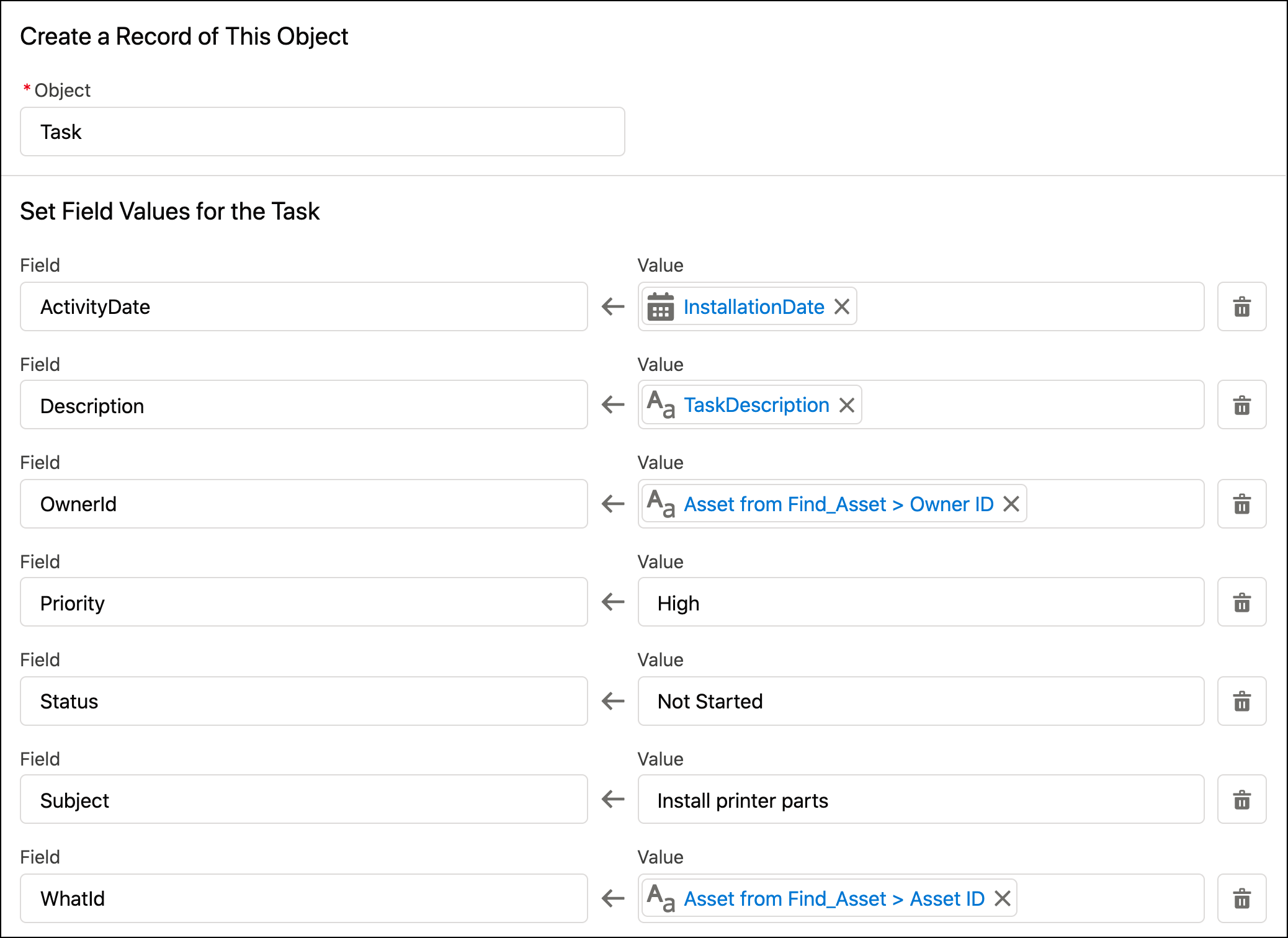 Create Records element that creates an installation task