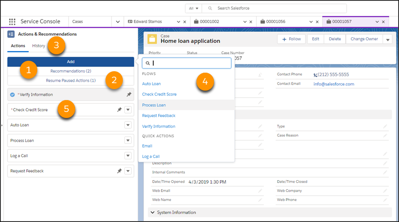 The component shows agents a list of actions, including recommendations and paused flows, for the record.