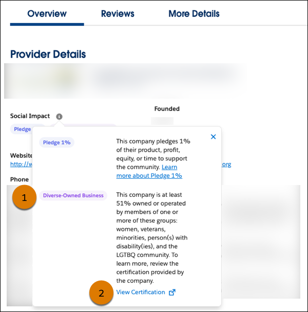 The Overview tab on an AppExchange listing with a callout on the Diverse-Owned Business badge and another callout on the View Certification link