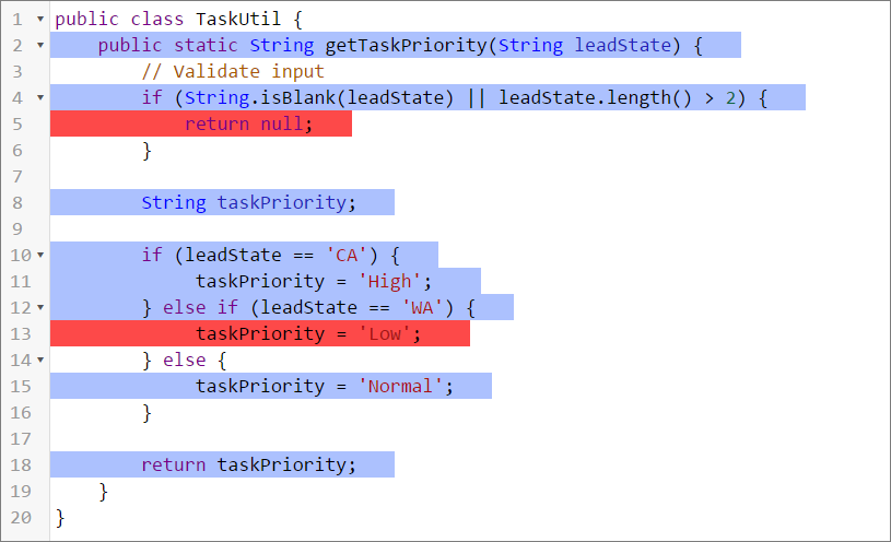 开发者控制台中具有代码覆盖率视图的示例类