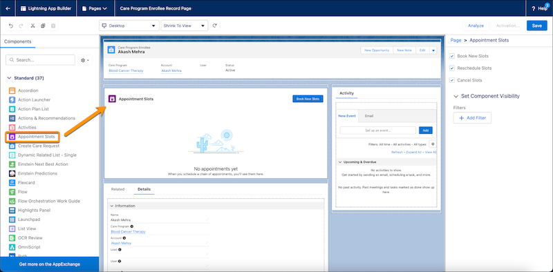 Care Program Enrollee record page in Lightning App Builder, with the Appointment Slots component added to the record page.