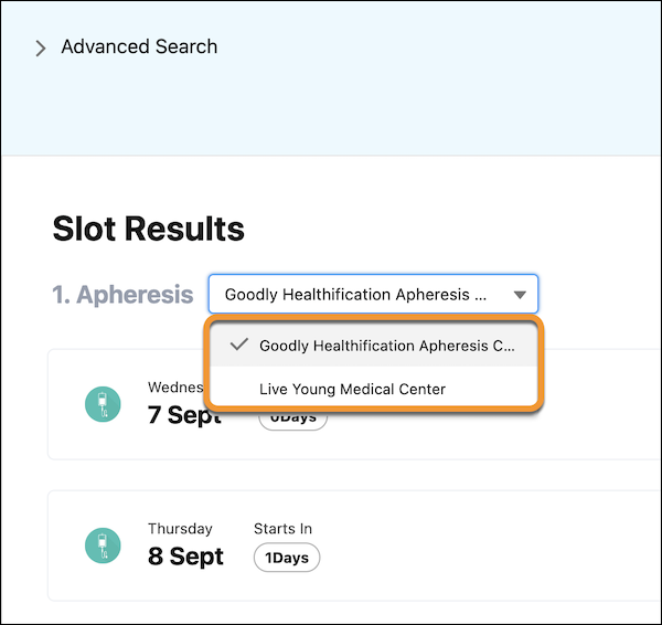 The apheresis work type is performed at both Goodly Healthification Apheresis Center and Live Young Medical Center. In the search results, you can select the service territory for which you want to view the slot results.