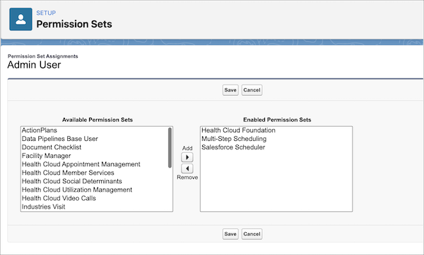 Image: Health Cloud Foundation, Multi-Step Scheduling, Salesforce Scheduler in the Enabled Permission Set column.