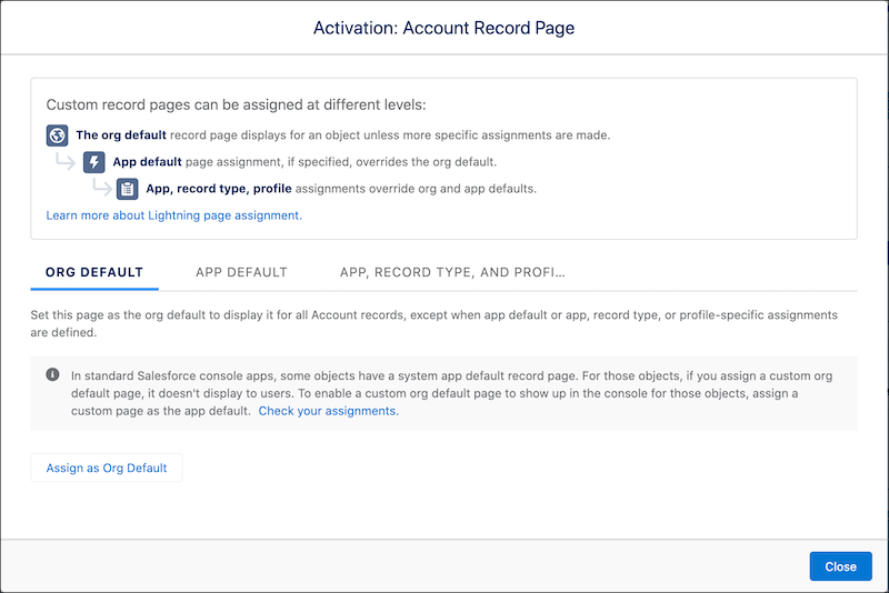 Account record page activation window