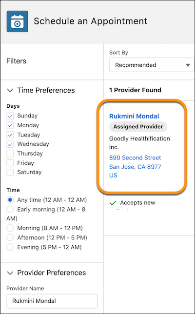 Assigned provider badge appears under the provider's name in the Schedule Appointment tab on the patient's record page.