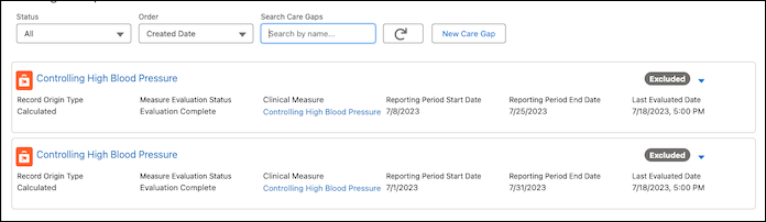The screenshot of the FlexCard displaying a list of a patient's care gaps.